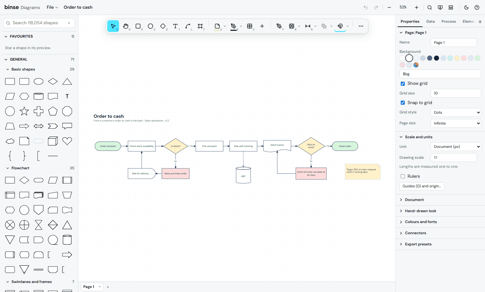 Diagrams. The diagram canvas with one of the shipped templates on it. The palette on the left searches every shape definition and every icon at once, and the panel on the right holds the page, its units and its drawing scale.