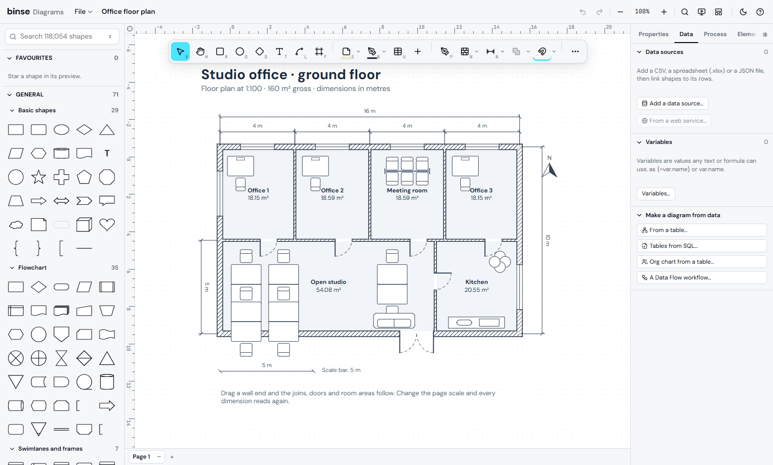 Precision drawing. A floor plan at a real scale, with the rulers showing. The walls mitre themselves, each room computes its own area, and the dimension lines follow what they measure.