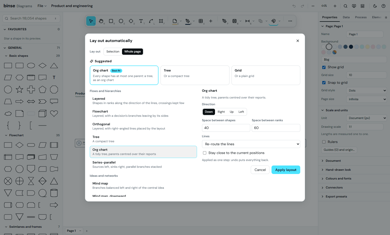Automatic layout. The layout menu reads the shape of what you have drawn, suggests one and says why. Applying it is a single step, so one undo puts every shape back where it was.