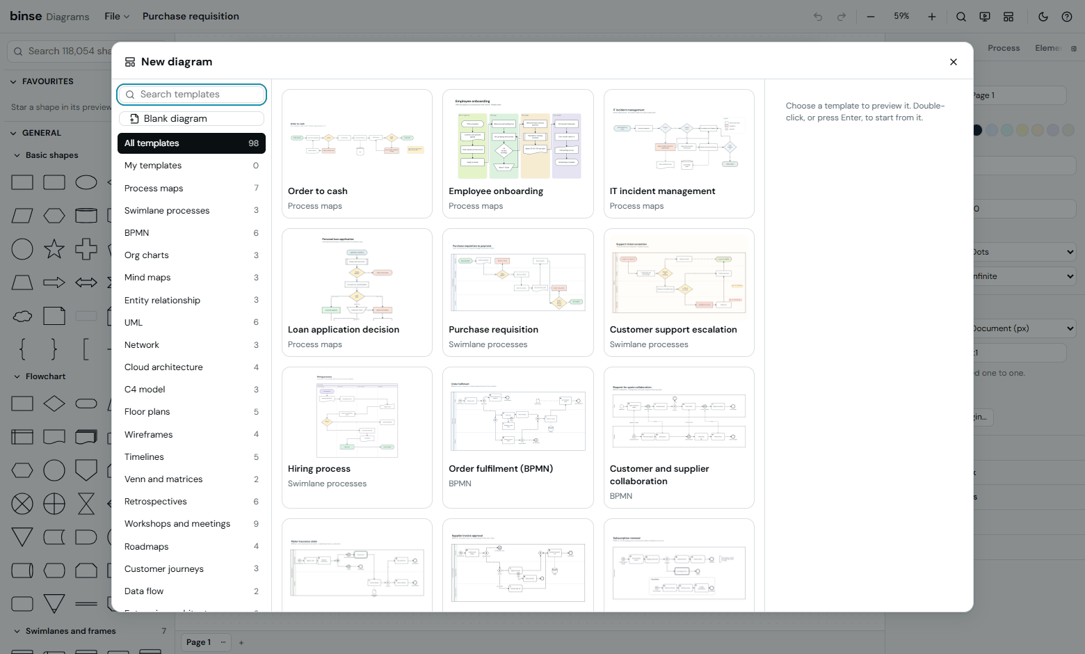The template gallery. Every template that installs with Diagrams, with the categories and their counts down the side. Each card is a real file: open one and take it apart.