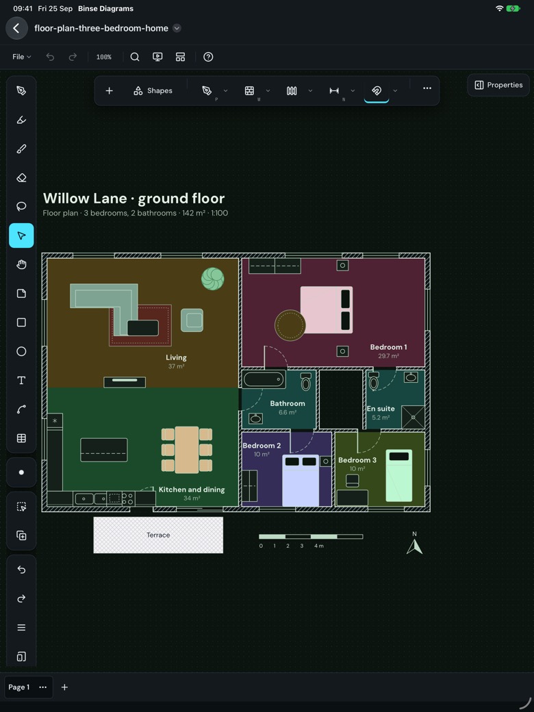 A floor plan of a three-bedroom home on the iPad: living room, kitchen and dining, three bedrooms and a bathroom, each room tinted and furnished, with a terrace, a scale bar and a north arrow.