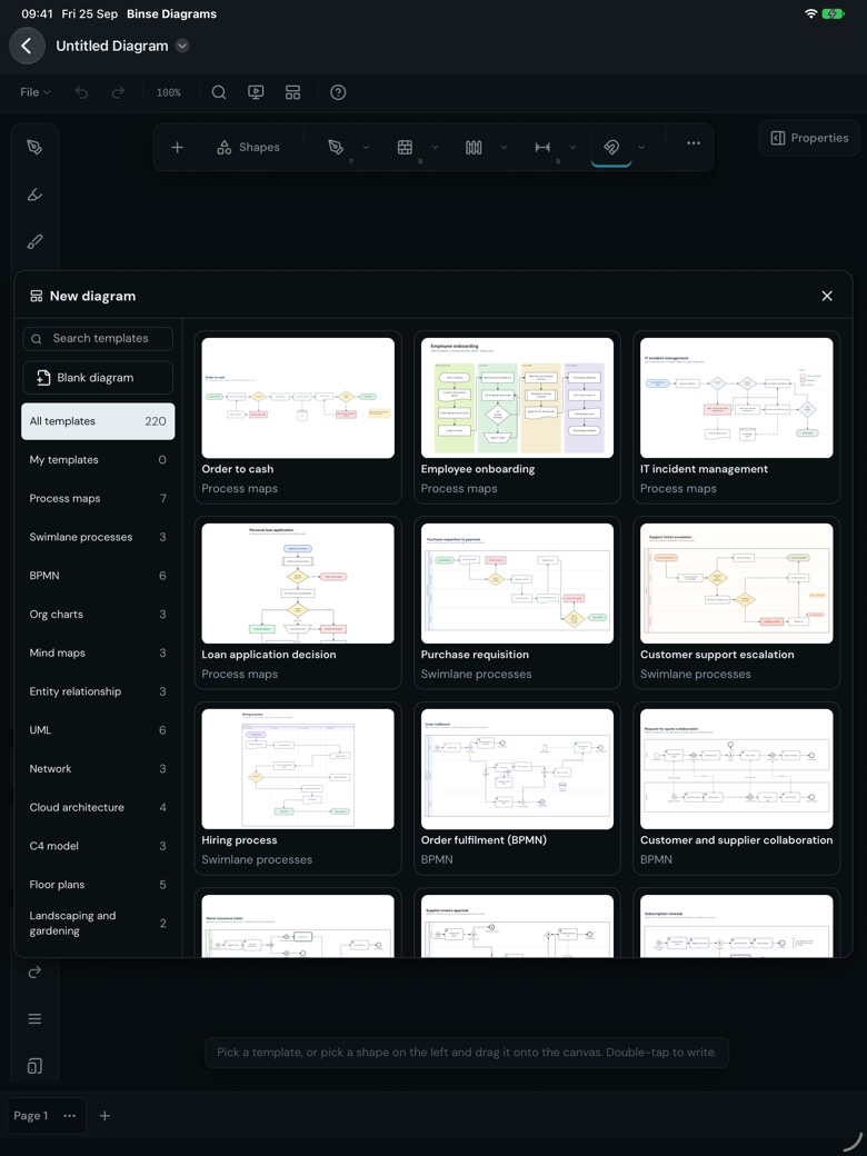 The New diagram window on the iPad: every template listed by category down the left, all of them counted at the top, and previews of process maps, swimlanes and BPMN on the right.