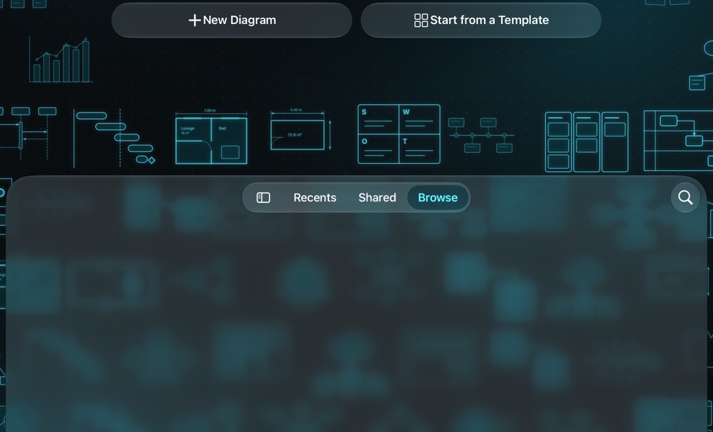 The Binse Diagrams launch screen: Diagrams & Floor Plans, Flowcharts, whiteboard & CAD, with New Diagram and Start from a Template buttons, over a collage of diagrams.