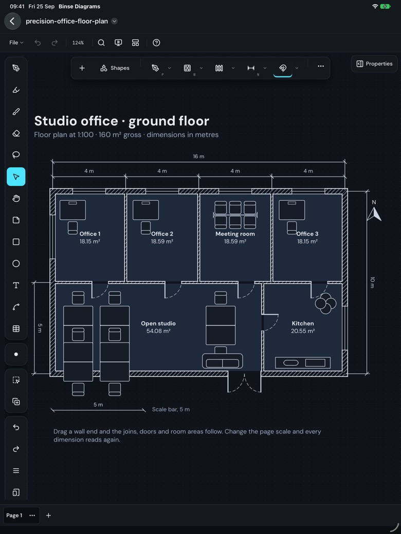 A studio office floor plan at 1:100 on the iPad: four offices across the top, an open studio and a kitchen below, each room labelled with its area in square metres, dimension lines of four metres along the top, a scale bar and a north arrow.