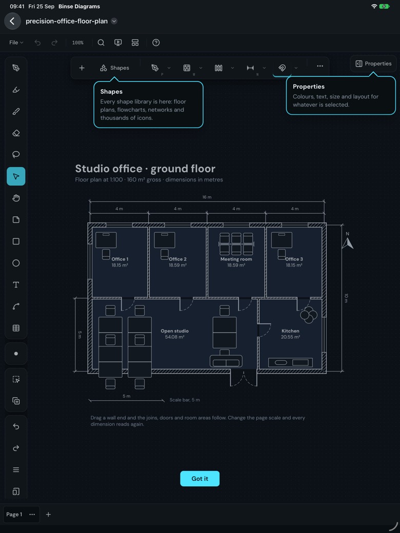 The first look around on the iPad: over a studio office floor plan, one note points at Shapes, saying every shape library is there, and another at Properties, for colours, text, size and layout.