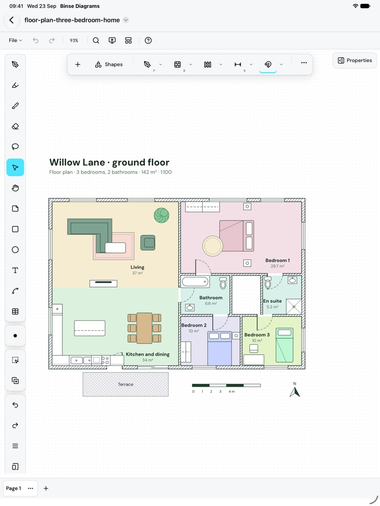 Binse Diagrams on an iPad with a floor plan of a three-bedroom home open: a living room, kitchen and dining room, three bedrooms, a bathroom and an en suite, each room tinted and labelled with its area, drawn with furniture, doors and windows, a scale bar and a north arrow. The drawing tools run down the left and a toolbar floats above the canvas.