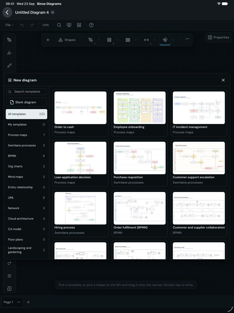 The New diagram window listing the templates by category, process maps, swimlane processes, BPMN, org charts, mind maps, entity relationship, UML, network, cloud architecture and floor plans among them, with a preview of each template.