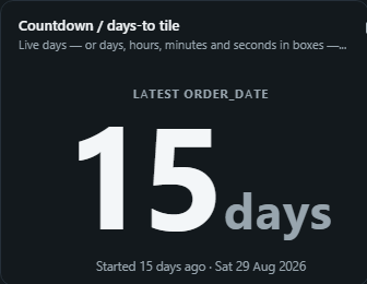 Countdown / days-to tile. Live days, or days, hours, minutes and seconds in boxes, to a cut-over, go-live or close date, and the time since it passed.