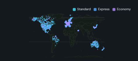 Dot density map. One dot per N units of a measure, scattered at random inside each country's real outline and optionally coloured by category.