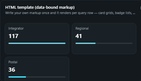 HTML template (data-bound markup). Write your own markup once and it renders per query row, card grids, badge lists, progress rails or ranked tiles, themed, sanitised and cross-filtering.