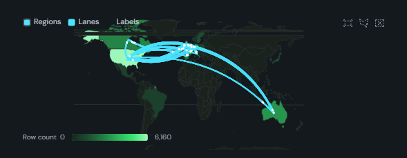 Layered map. One world map with stacked layers, shaded countries, reference polygons, density, lanes, bubbles and labels, each switchable from the legend.