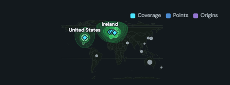 Coverage radius map. Geodesic distance rings around each depot, with every location assigned to its nearest origin and the share of the measure inside each band.