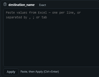 Paste-a-list bulk filter. Paste hundreds of order numbers, tracking ids or SKUs from Excel; the control reports matched versus not-found and filters the dashboard to the matches.