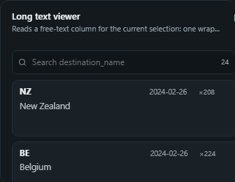 Long text viewer. Reads a free-text column for the current selection: one wrapped body, or a searchable list of notes with title, date and author.