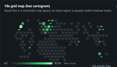Tile grid map (hex cartogram). Equal tiles in a schematic map layout, so every region is equally visible however small it is on a real map.