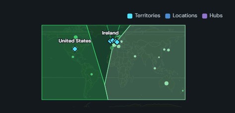 Nearest-hub territories (Voronoi). Cuts the map into nearest-hub territories, assigns every location to the hub that wins it and shades each cell by what it captures.